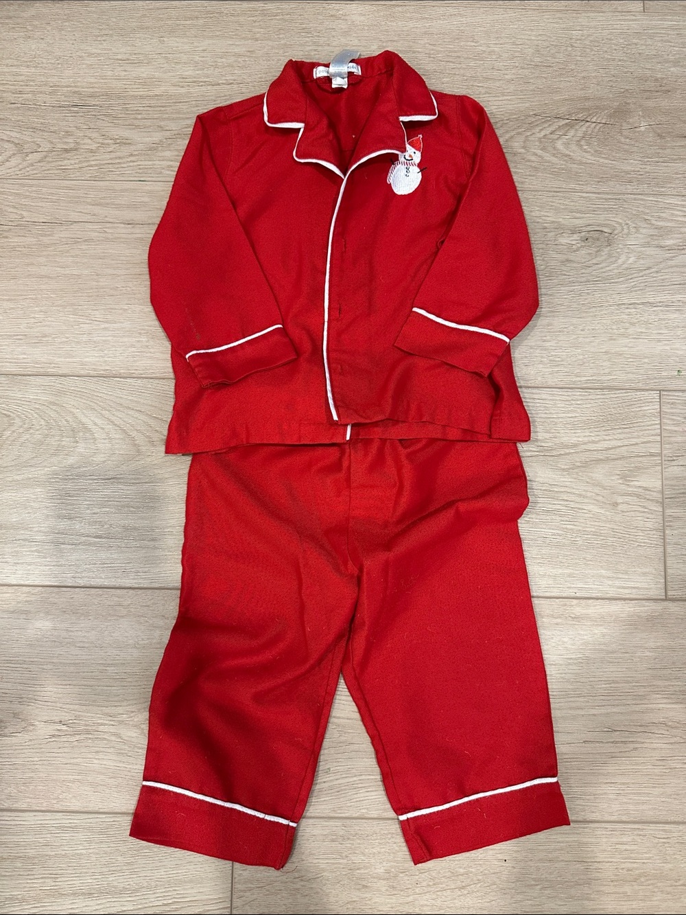 Pottery Barn Kids Red Pajama Set with White Piping and Snowman Patch